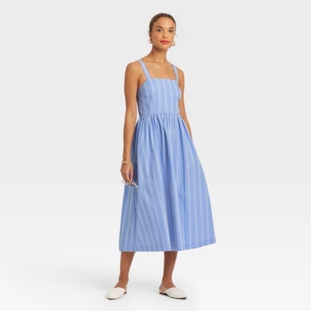 A New Day Blue White Striped Midi Dress Sleeveless Smocked Back Pockets XS